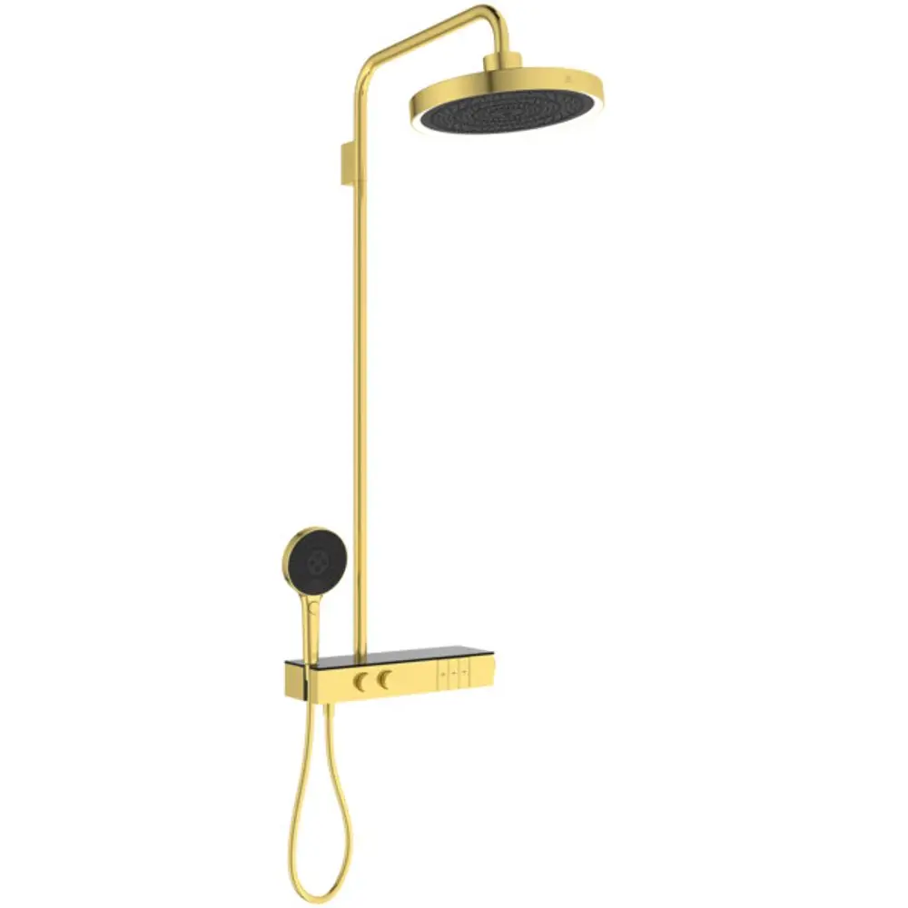 Duschsystem mit Brausethermostat in Brushed Gold, ausgestattet mit einer großen Kopfbrause und Handbrause, von der Marke Ideal Standard.